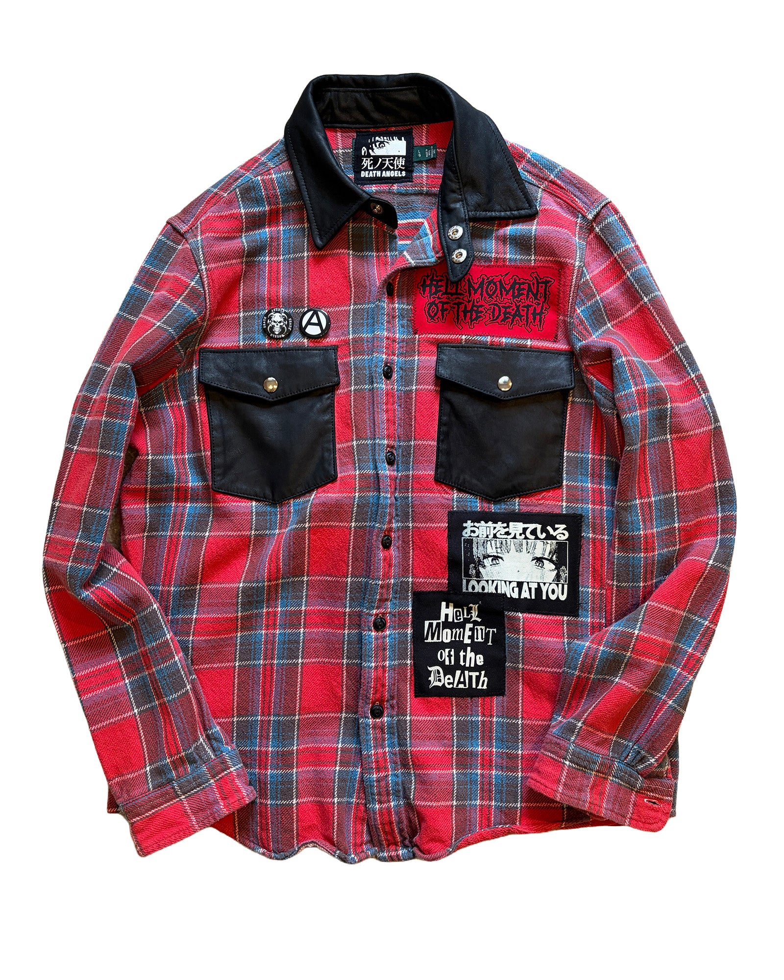 GQ3414◇SSZ : NEIL SHIRT RED Check◇M◇赤/青系 LEATHER MIX REMAKE CHECK NEL SHIRTS [No.1] – DEATH ANGELS